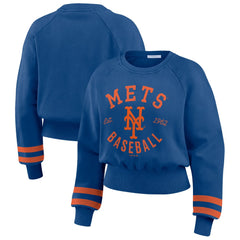 New York Mets WEAR by Erin Andrews Women's Vintage Washed Cropped Pullover Sweatshirt discount