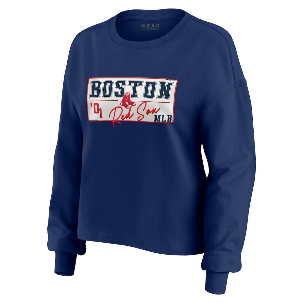 Boston Red Sox WEAR by Erin Andrews Women's Heavy Rugby Jersey Cropped Long Sleeve T-Shirt & Shorts Lounge Set On Sale