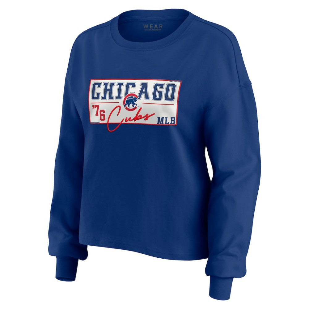 Chicago Cubs WEAR by Erin Andrews Women's Heavy Rugby Jersey Cropped Long Sleeve T-Shirt & Shorts Lounge Set for sale