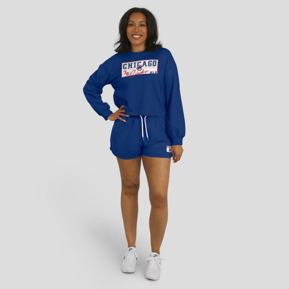 Chicago Cubs WEAR by Erin Andrews Women's Heavy Rugby Jersey Cropped Long Sleeve T-Shirt & Shorts Lounge Set for sale