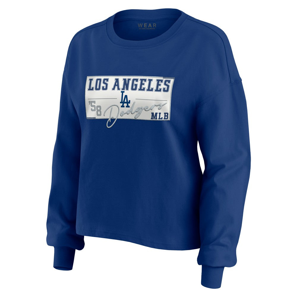 Los Angeles Dodgers WEAR by Erin Andrews Women's Heavy Rugby Jersey Cropped Long Sleeve T-Shirt & Shorts Lounge Set Sale