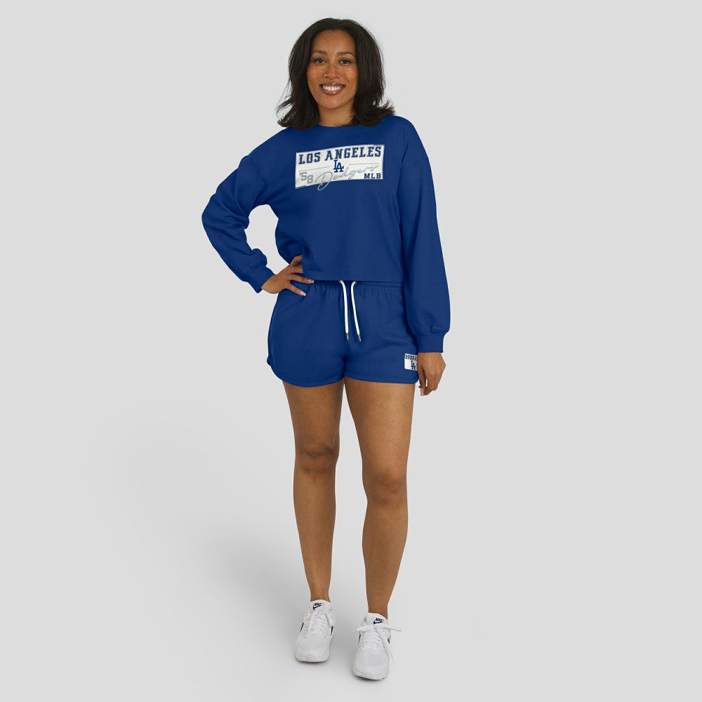 Los Angeles Dodgers WEAR by Erin Andrews Women's Heavy Rugby Jersey Cropped Long Sleeve T-Shirt & Shorts Lounge Set Sale