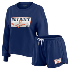 Detroit Tigers WEAR by Erin Andrews Women's Heavy Rugby Jersey Cropped Long Sleeve T-Shirt & Shorts Lounge Set for sale