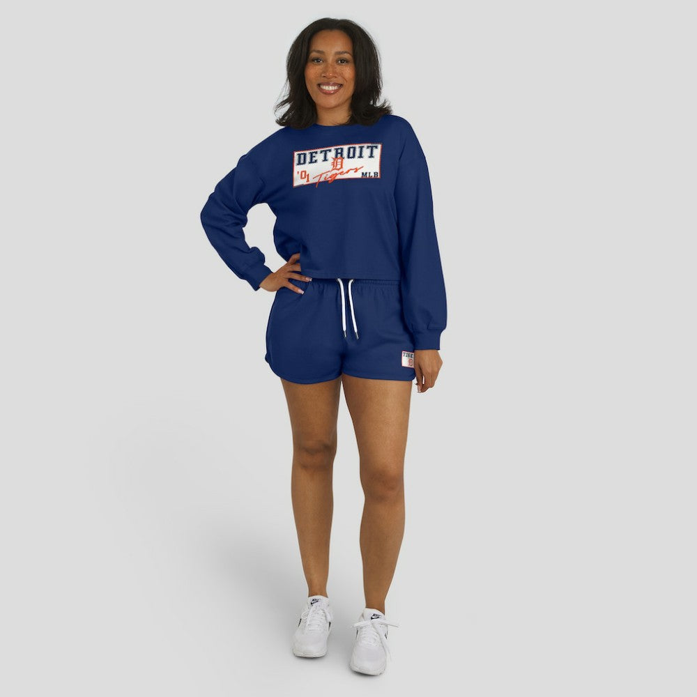 Detroit Tigers WEAR by Erin Andrews Women's Heavy Rugby Jersey Cropped Long Sleeve T-Shirt & Shorts Lounge Set for sale
