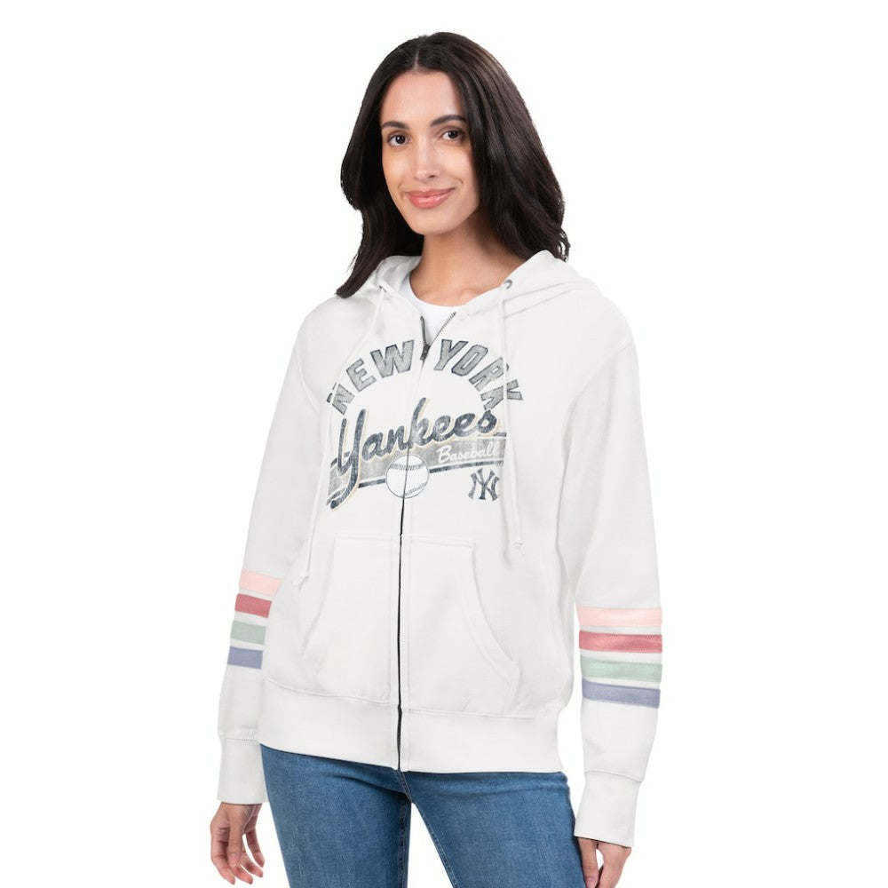 New York Yankees G-III 4Her by Carl Banks Women's Naamah Sleeve Stripe Fleece Full-Zip Hoodie On Sale