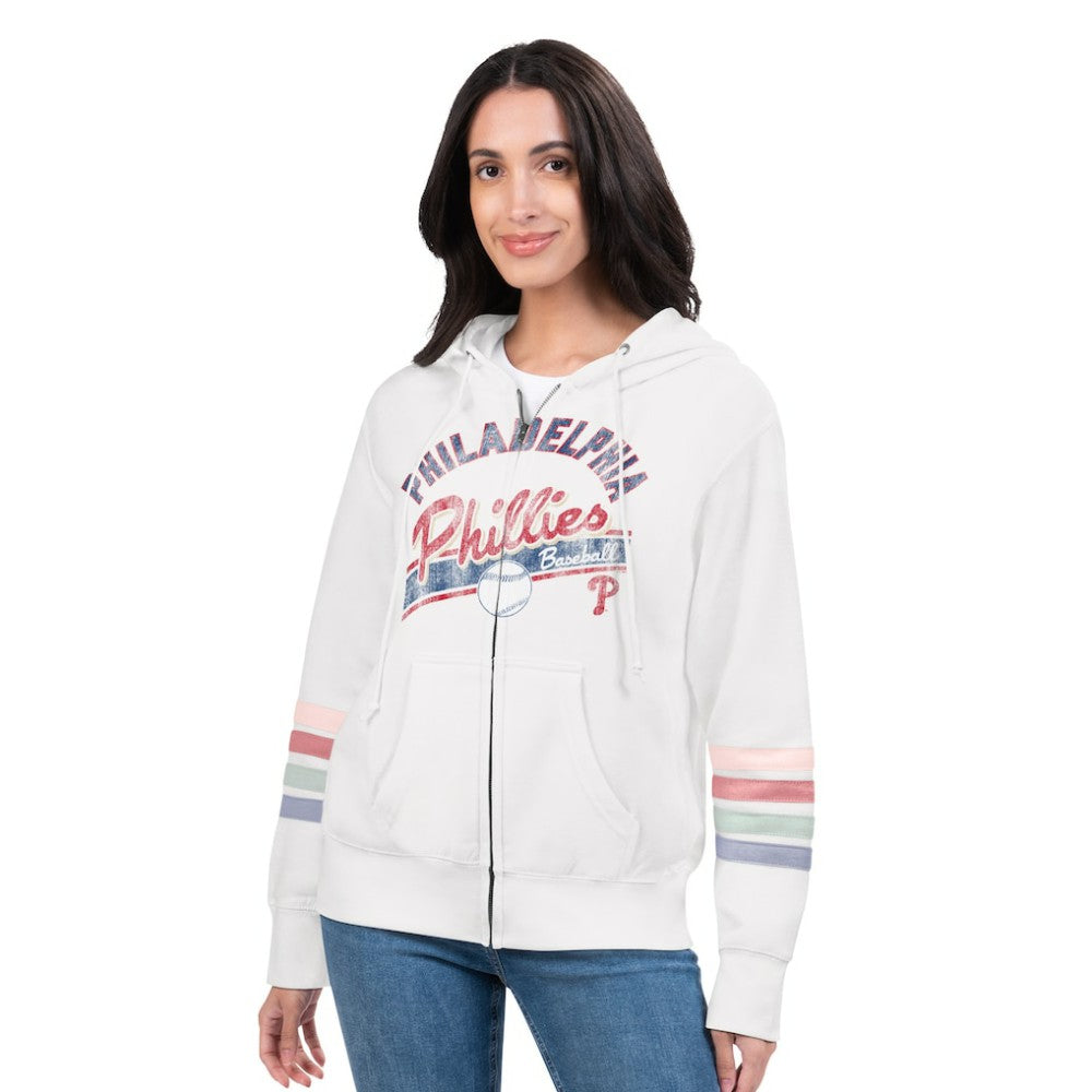 Philadelphia Phillies G-III 4Her by Carl Banks Women's Naamah Sleeve Stripe Fleece Full-Zip Hoodie for sale