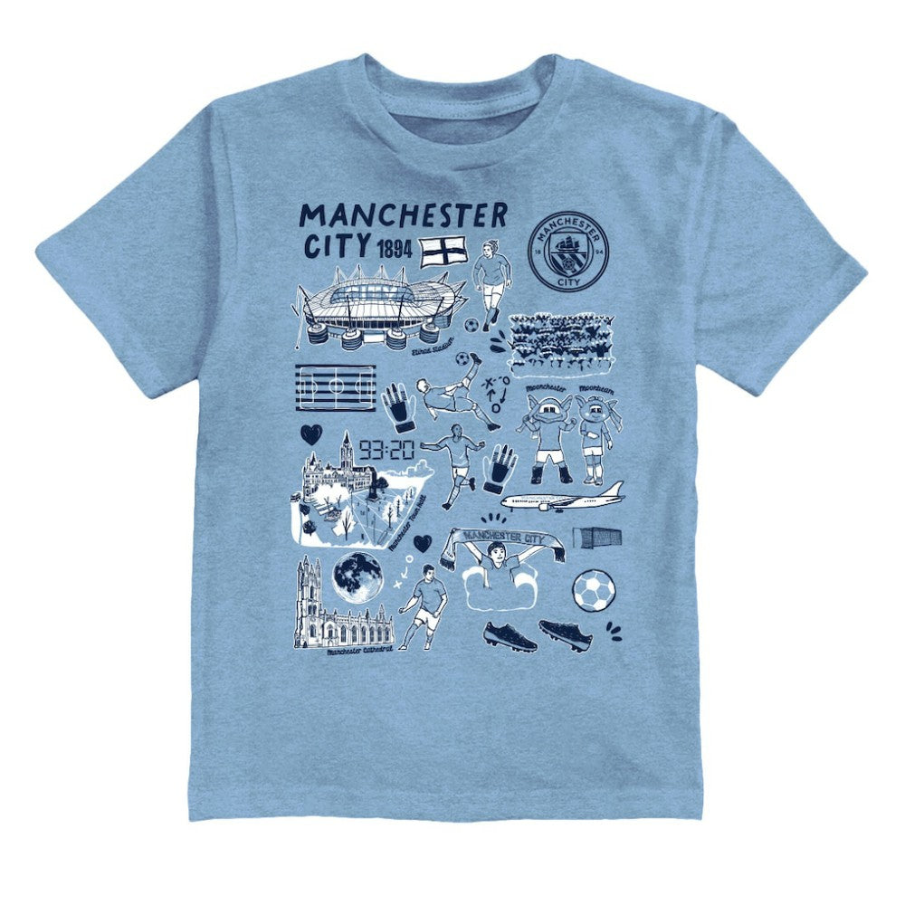 Manchester City Vive La Fete Youth Impressions Artwork T-Shirts - Sky Blue