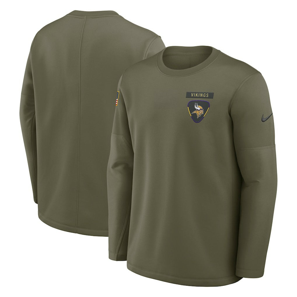 Minnesota Vikings 2025 Salute to Service Sideline Coaches Therma-FIT Long Sleeve Shirt Olive - Nike