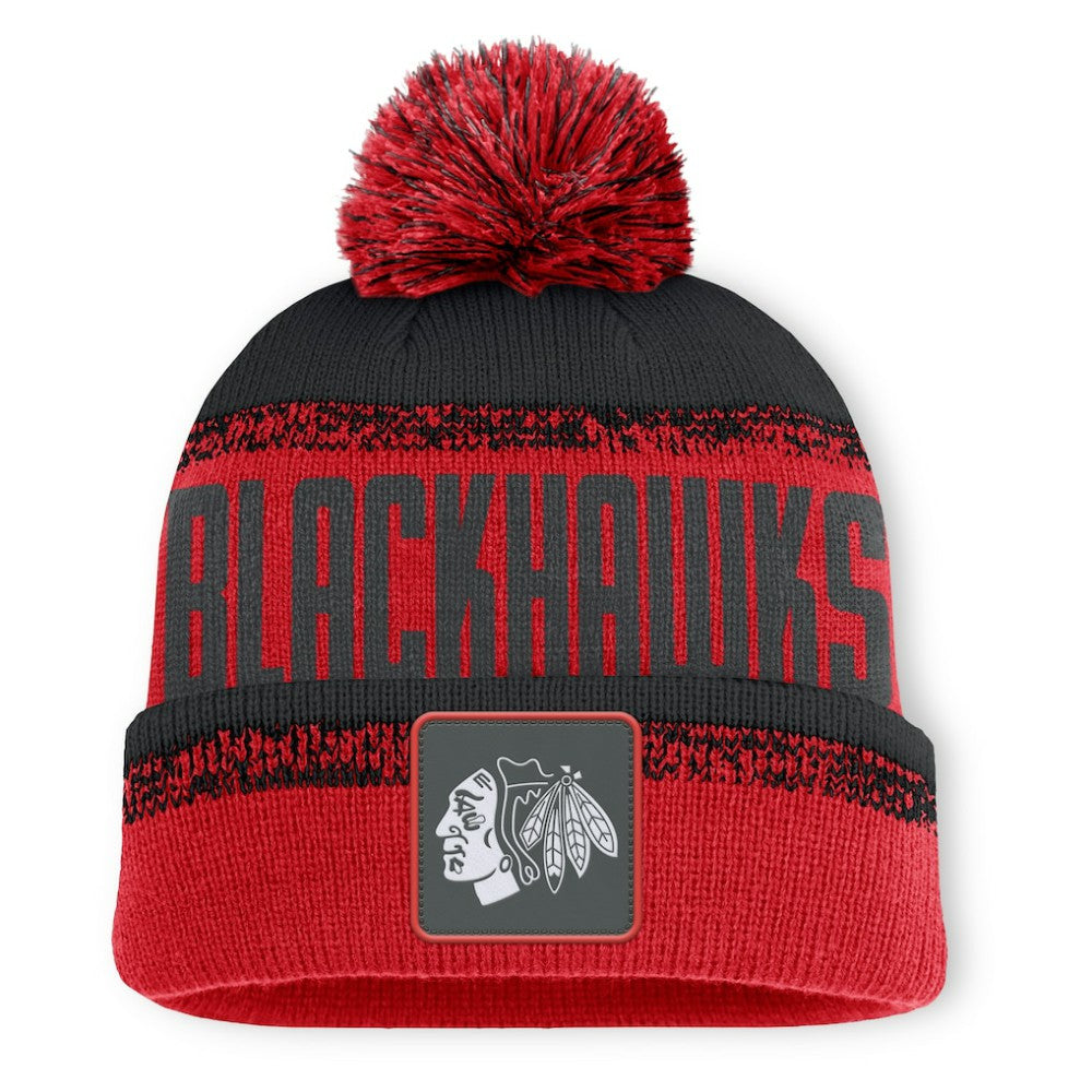 Chicago Blackhawks Fanatics Fundamentals Thrive Cuffed Knit Hat with Pom Red/Black