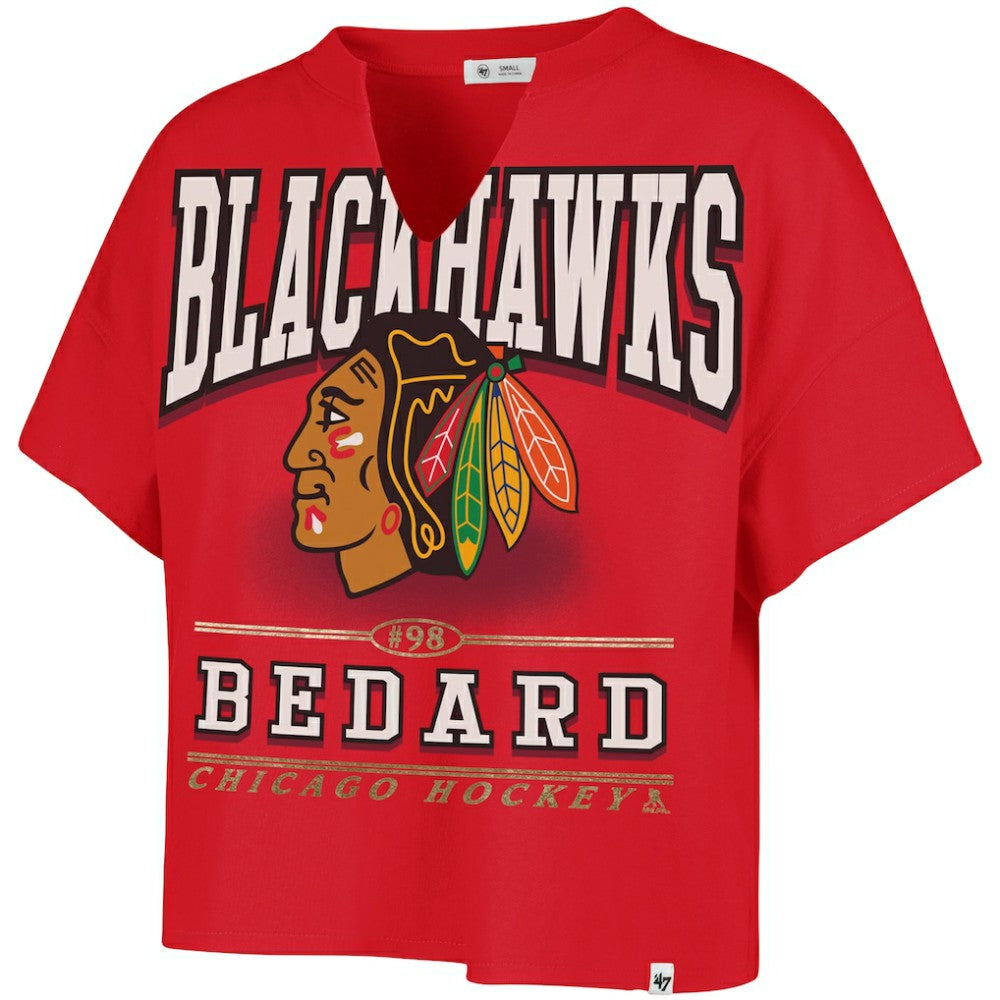Connor Bedard Chicago Blackhawks '47 Women's Elation Name & Number Oversized Notch Neck T-Shirt Red