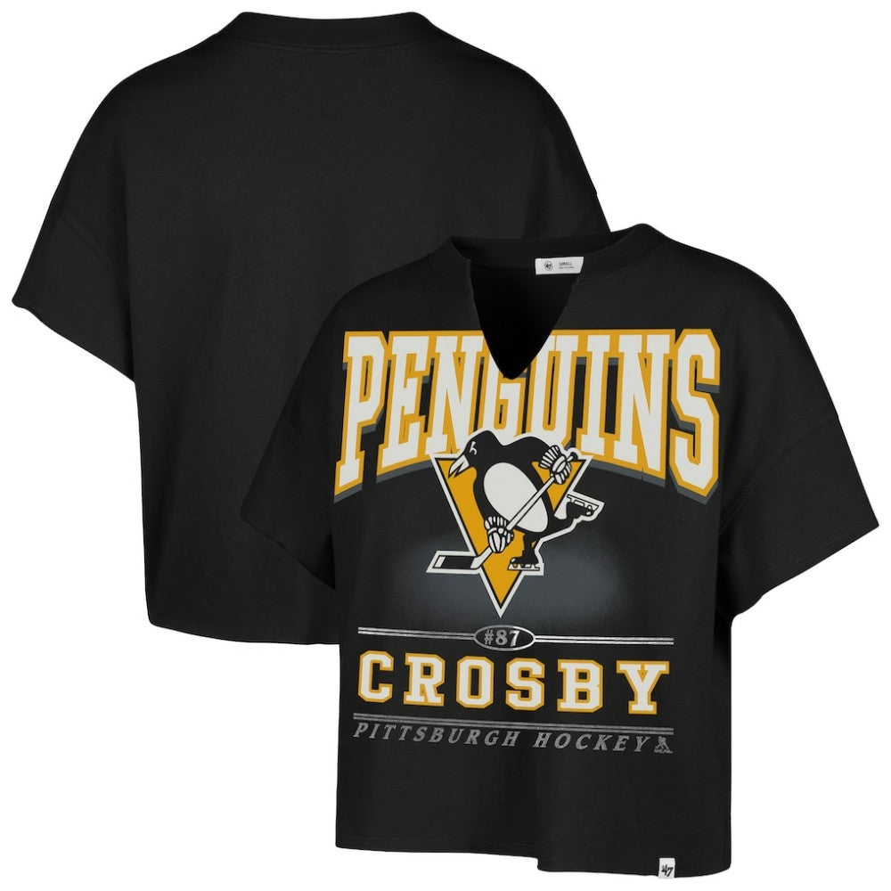 Sidney Crosby Pittsburgh Penguins '47 Women's Elation Name & Number Oversized Notch Neck T-Shirt Black