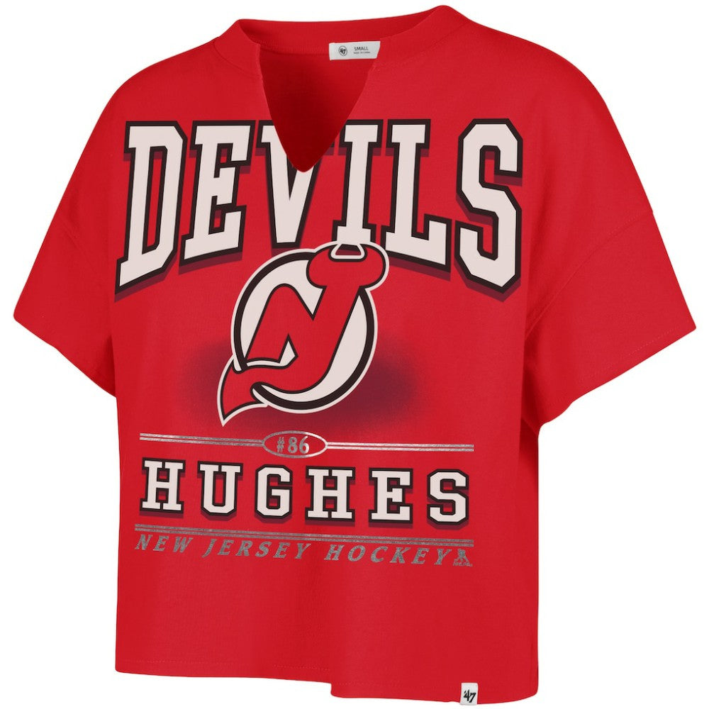Jack Hughes New Jersey Devils - '47 Women's Elation Name & Number Oversized Notch Neck T-Shirt Red