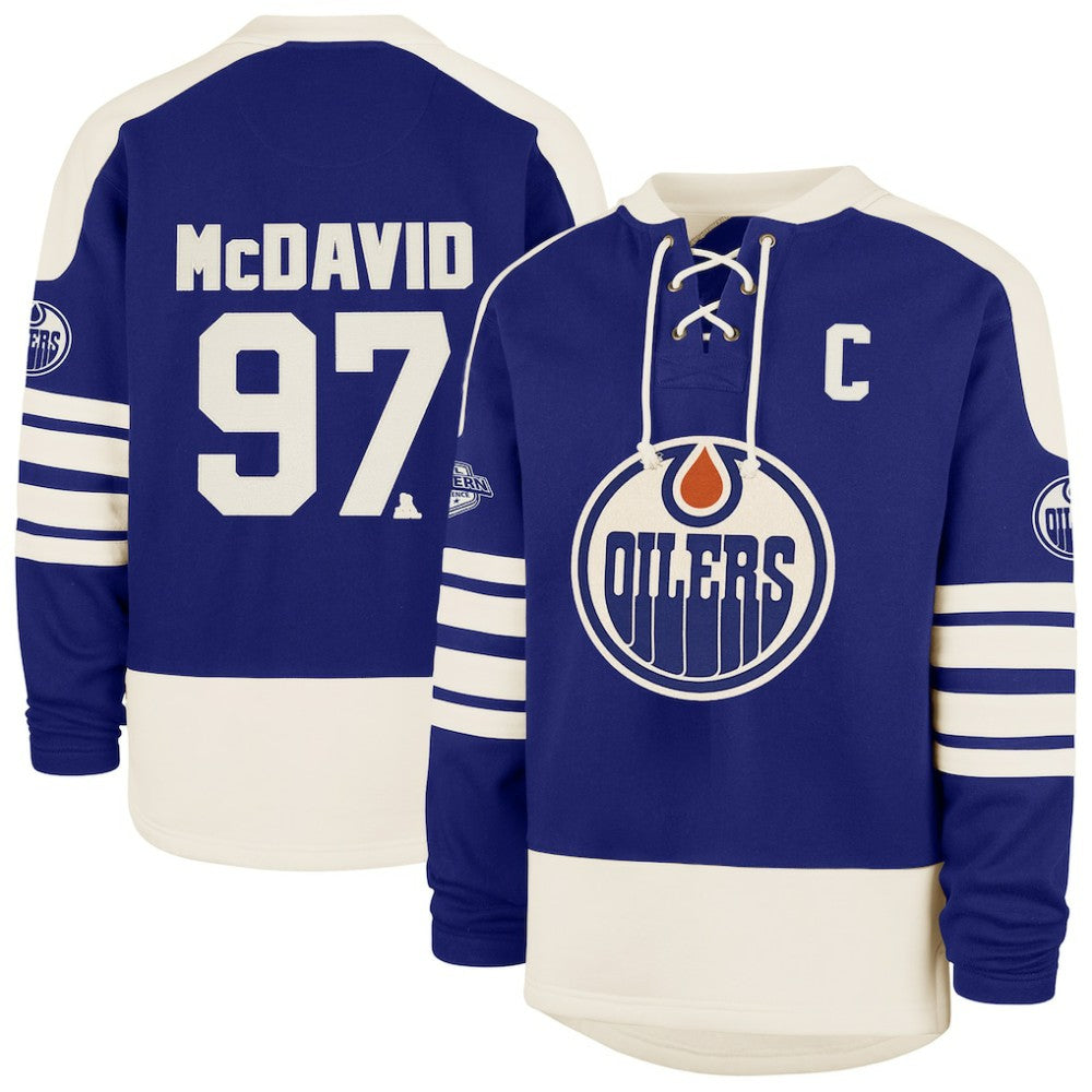 Connor McDavid Edmonton Oilers - '47 Player Name & Number Sweep Check Eternal Lacer Sweatshirt Royal