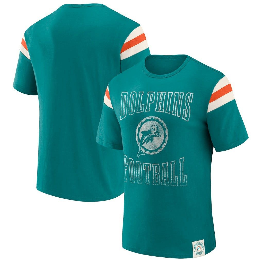 Miami Dolphins Darius Rucker Collection Distressed Throwback Shoulder Stripe T-Shirt Aqua - Fanatics