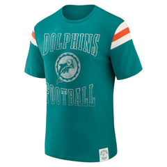 Miami Dolphins Darius Rucker Collection Distressed Throwback Shoulder Stripe T-Shirt Aqua - Fanatics