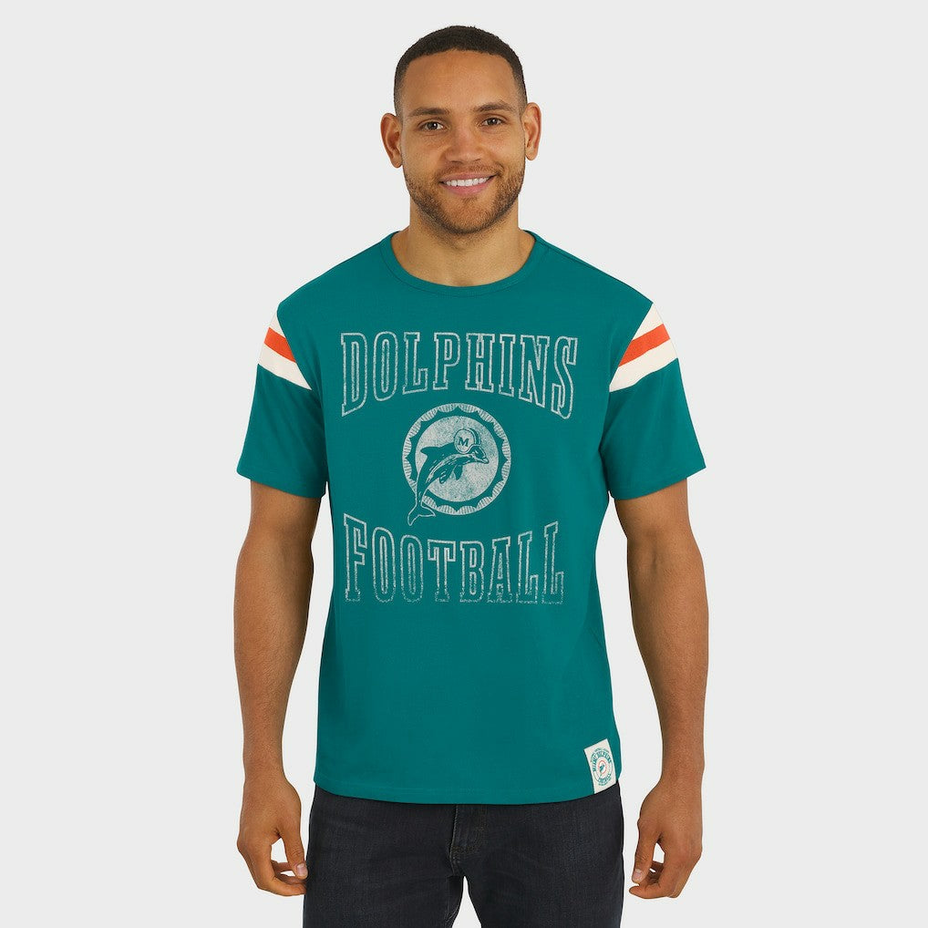 Miami Dolphins Darius Rucker Collection Distressed Throwback Shoulder Stripe T-Shirt Aqua - Fanatics