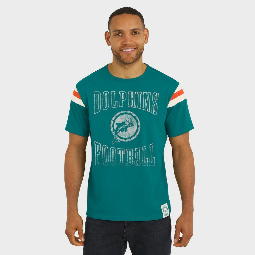 Miami Dolphins Darius Rucker Collection Distressed Throwback Shoulder Stripe T-Shirt Aqua - Fanatics