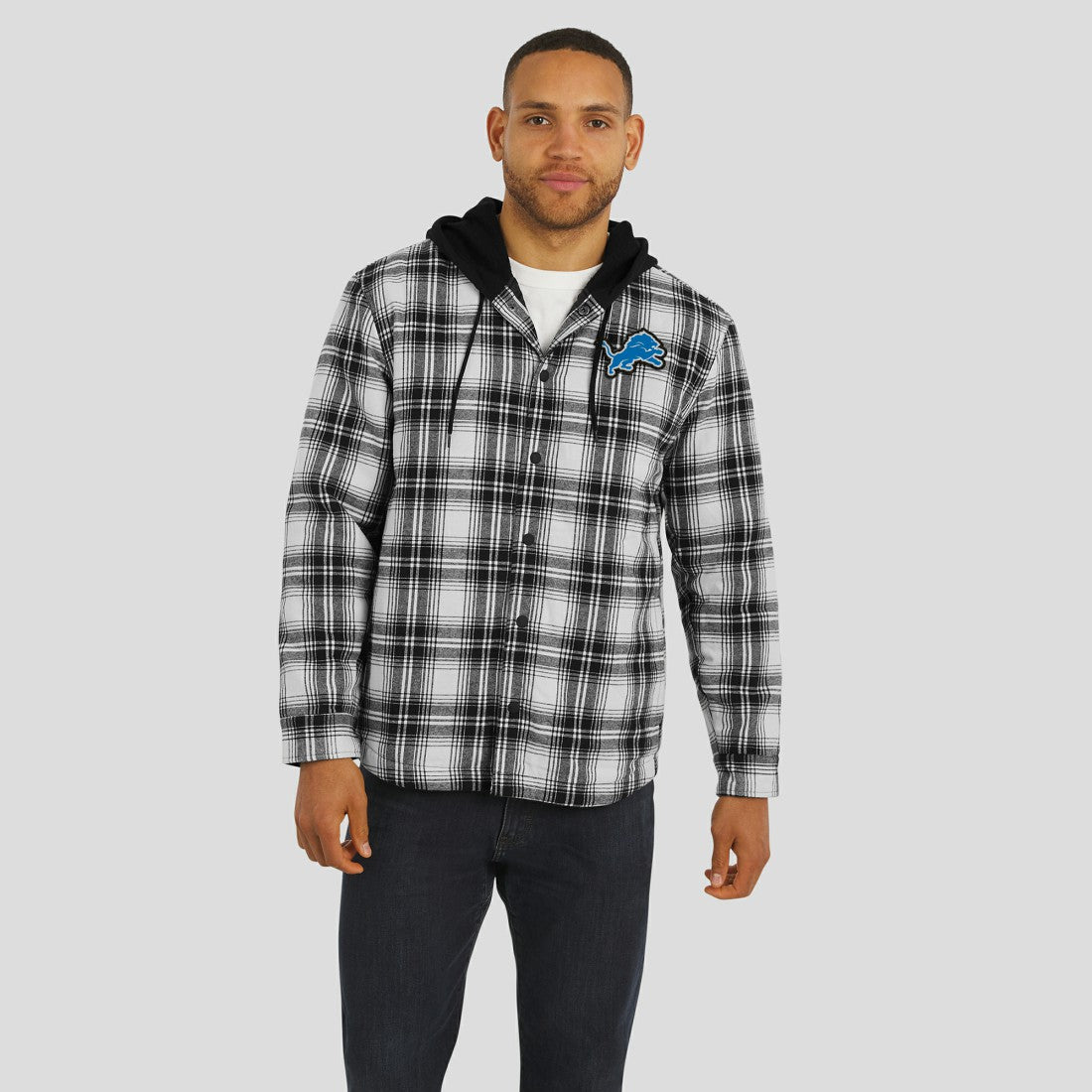 Detroit Lions NFL x Darius Rucker Collection Plaid Flannel Quilted Full-Snap Hooded Shacket Black - Fanatics
