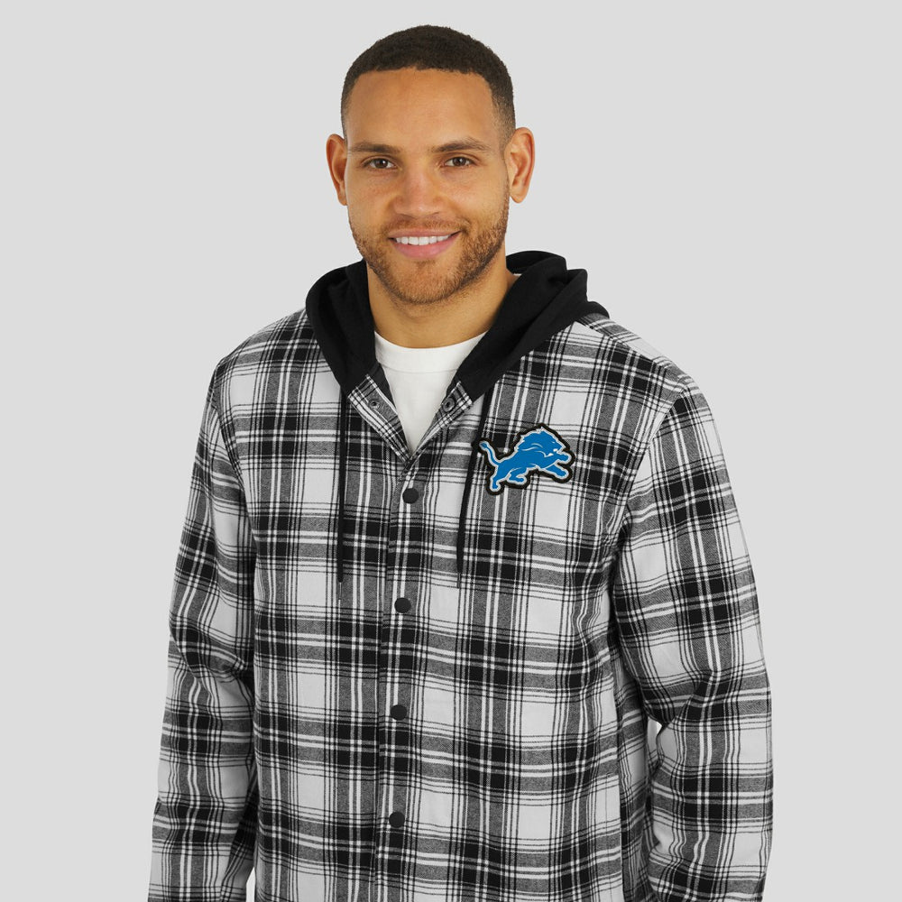 Detroit Lions NFL x Darius Rucker Collection Plaid Flannel Quilted Full-Snap Hooded Shacket Black - Fanatics