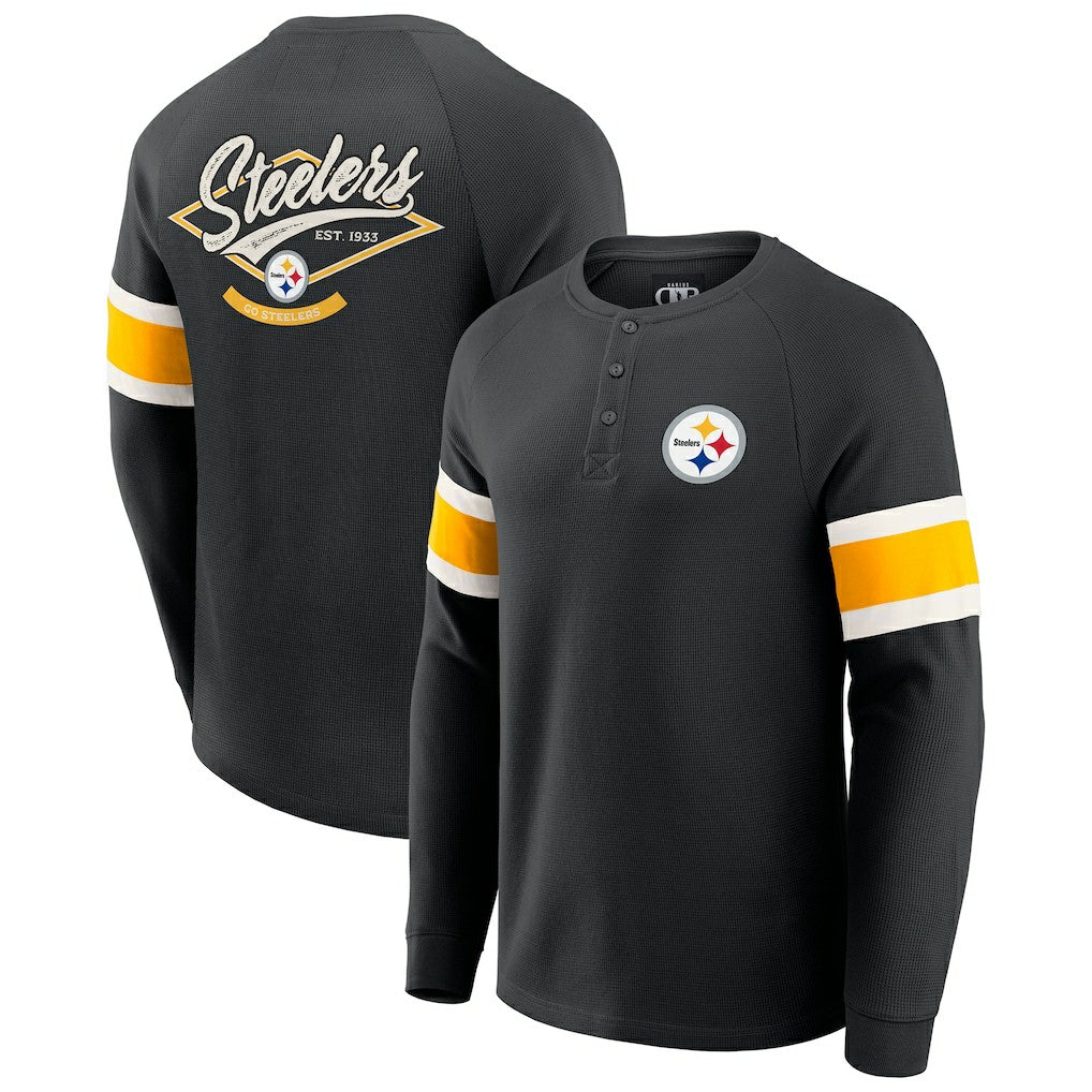 Pittsburgh Steelers Darius Rucker Collection Waffle-Knit Raglan Long Sleeve Henley T-Shirt Black - Fanatics