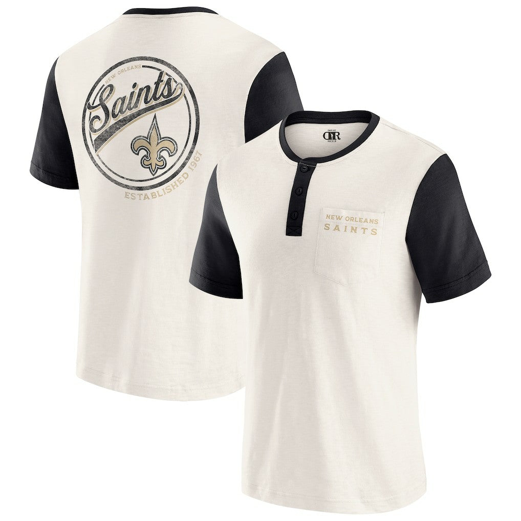 New Orleans Saints Darius Rucker Collection Henley Colorblock Slub Pocket T-Shirt Cream - Fanatics