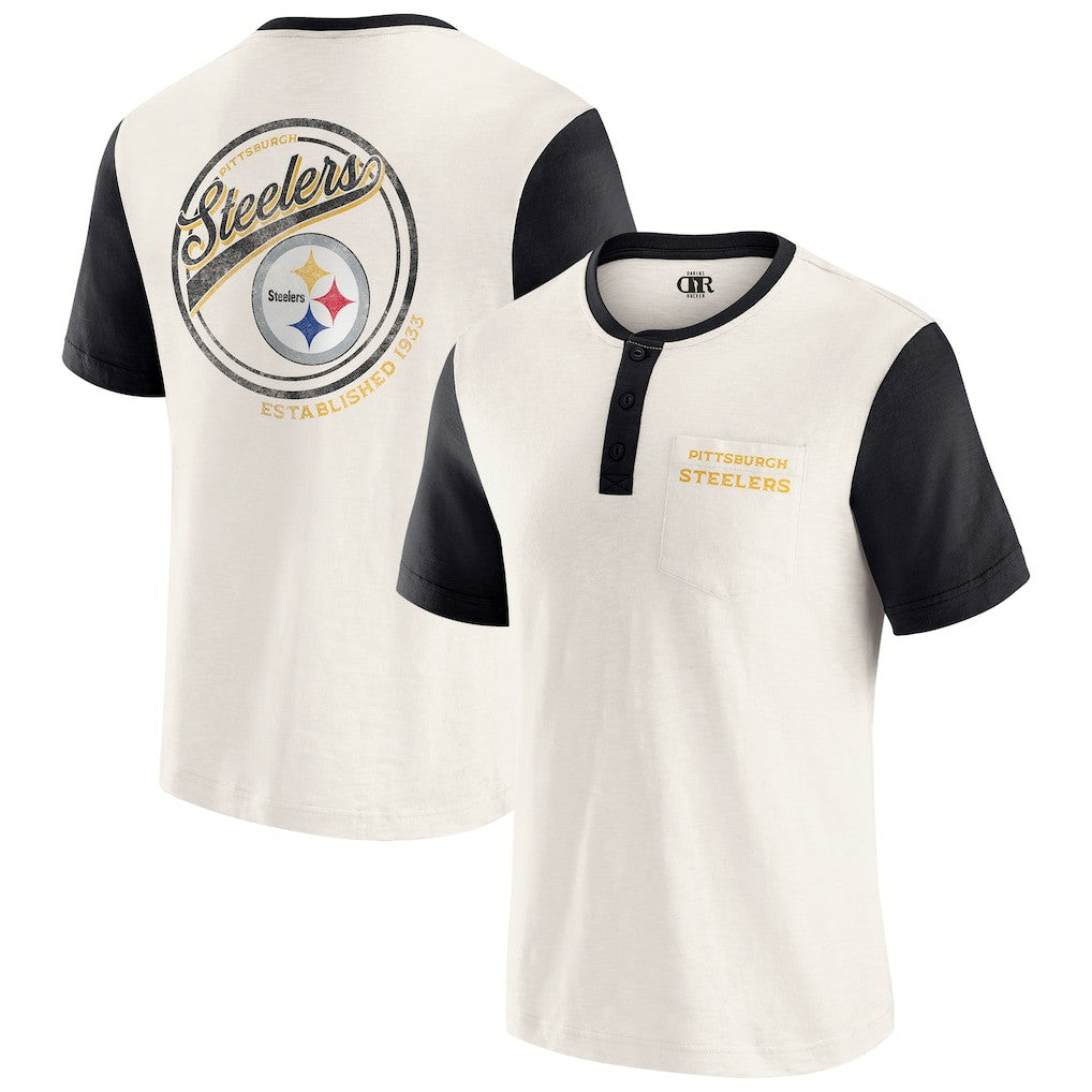 Pittsburgh Steelers Darius Rucker Collection Henley Colorblock Slub Pocket T-Shirt Cream - Fanatics