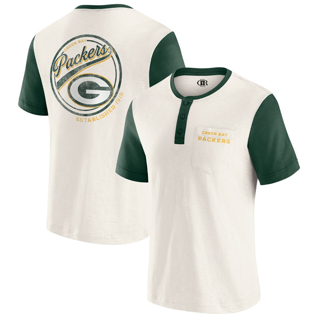 Green Bay Packers Darius Rucker Collection Henley Colorblock Slub Pocket T-Shirt Cream - Fanatics