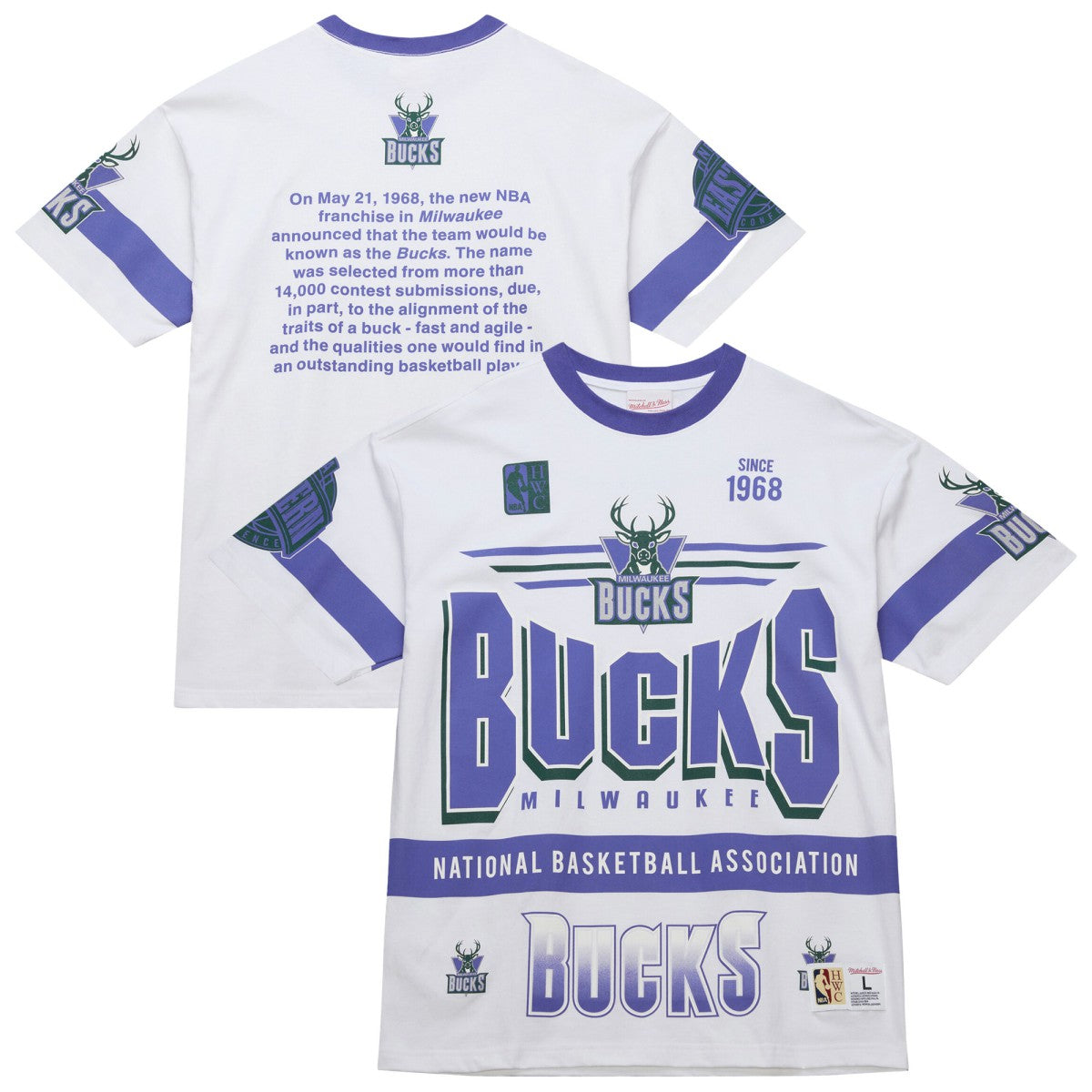 Mitchell & Ness - Milwaukee Bucks Unisex Hardwood Classics Vintage Team Origins Premium T-Shirt - White