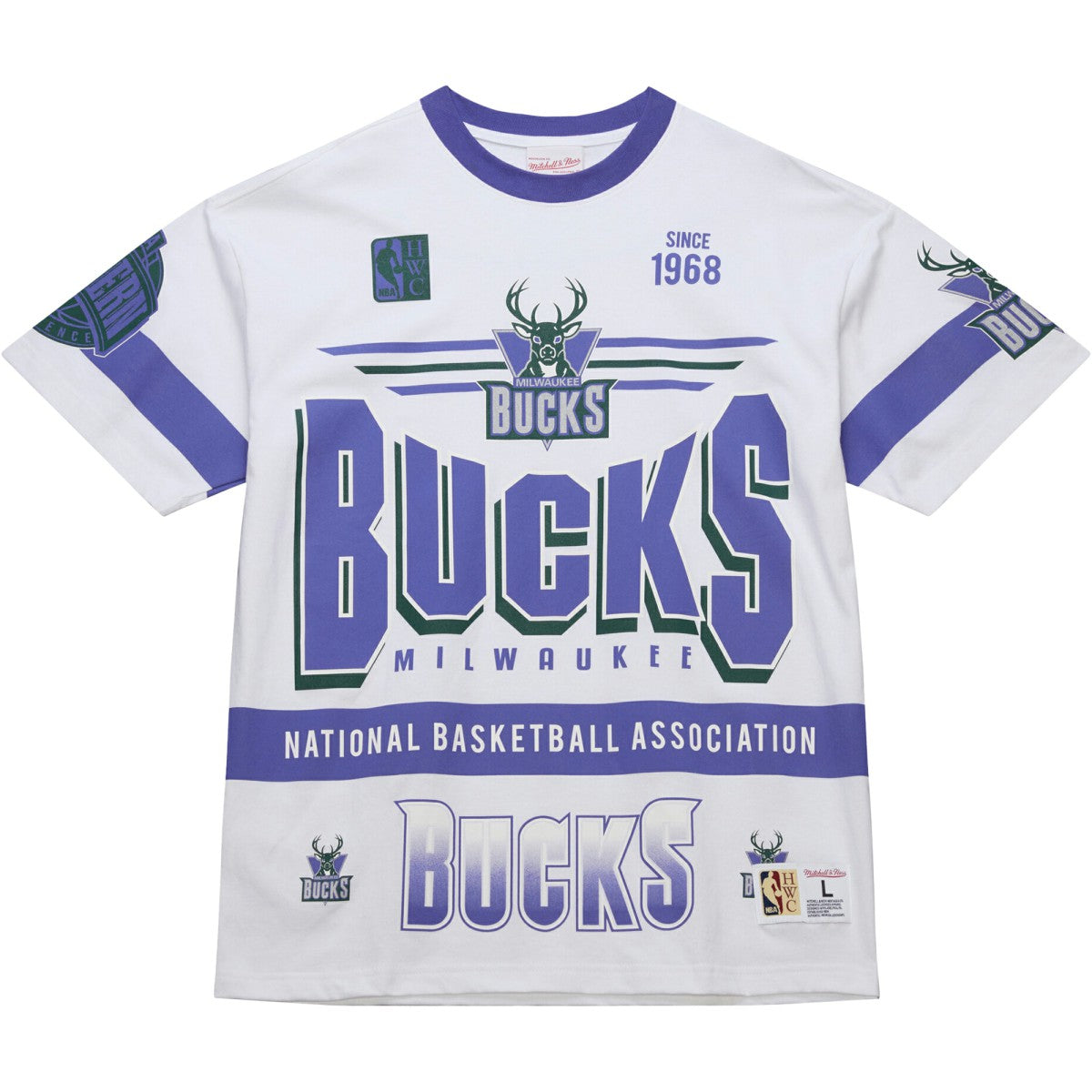 Mitchell & Ness - Milwaukee Bucks Unisex Hardwood Classics Vintage Team Origins Premium T-Shirt - White