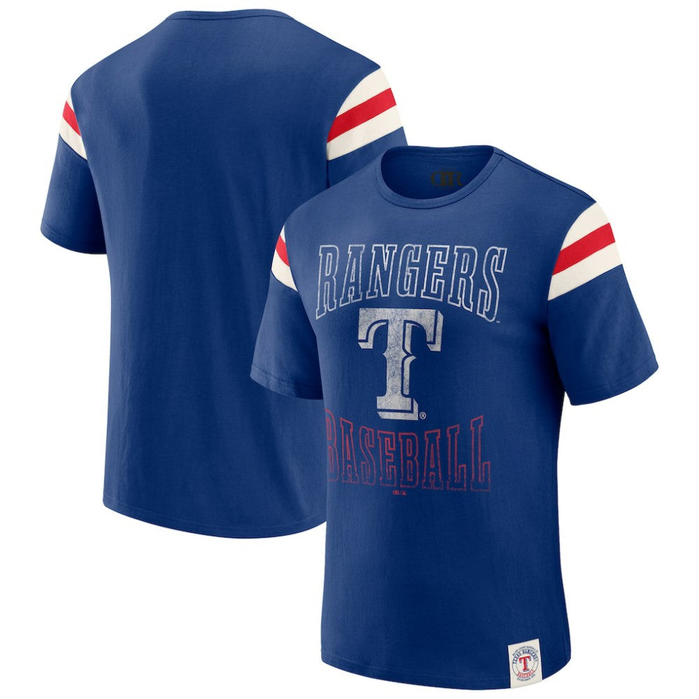Texas Rangers Darius Rucker Collection by Fanatics Distressed Sleeve Stripe T-Shirt Clearance