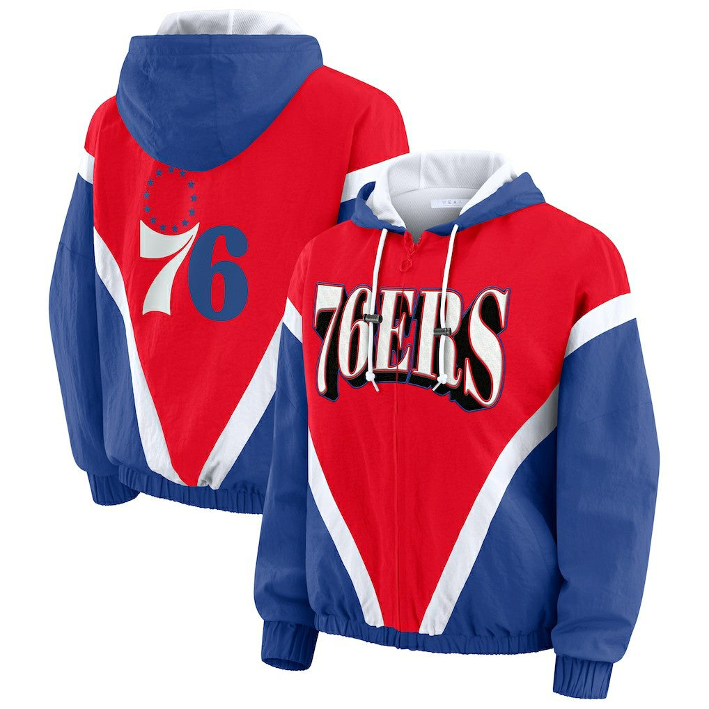 NBA - Philadelphia 76ers WEAR by Erin Andrews Women's Colorblock Full-Zip Hoodie Windbreaker Jacket - Red/Royal