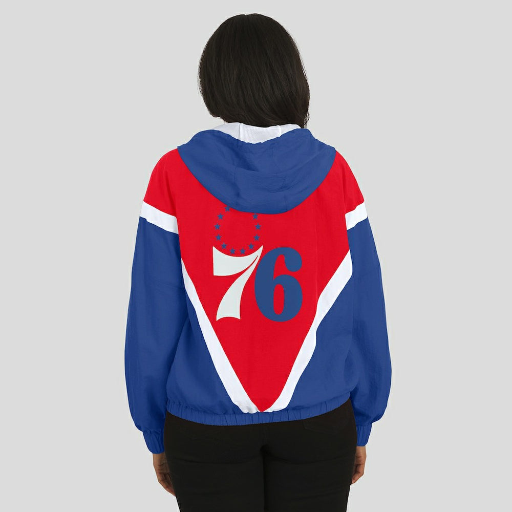 NBA - Philadelphia 76ers WEAR by Erin Andrews Women's Colorblock Full-Zip Hoodie Windbreaker Jacket - Red/Royal