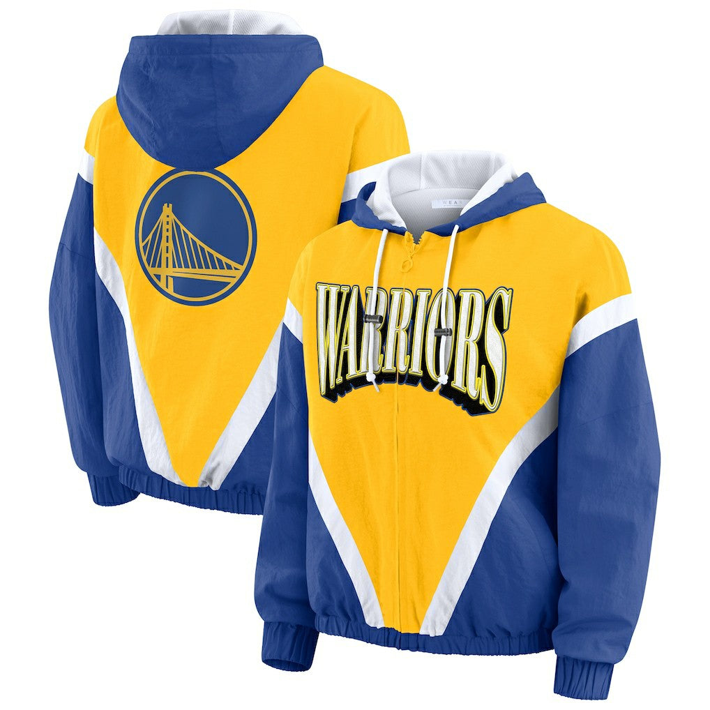NBA - Golden State Warriors WEAR by Erin Andrews Women's Colorblock Full-Zip Hoodie Windbreaker Jacket - Gold/Royal