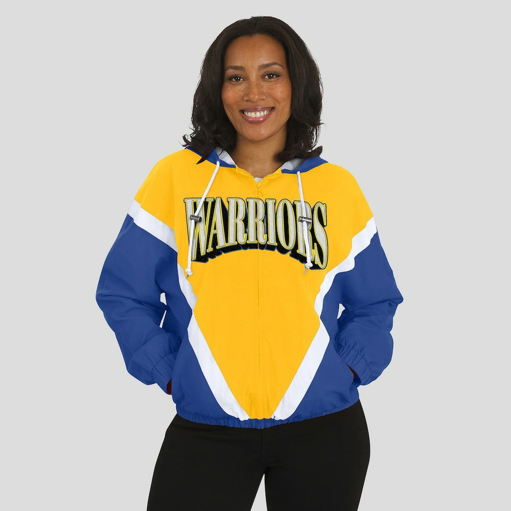 NBA - Golden State Warriors WEAR by Erin Andrews Women's Colorblock Full-Zip Hoodie Windbreaker Jacket - Gold/Royal