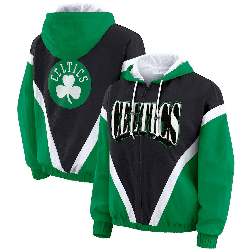 NBA - Boston Celtics WEAR by Erin Andrews Women's Colorblock Full-Zip Hoodie Windbreaker Jacket - Black/Kelly Green