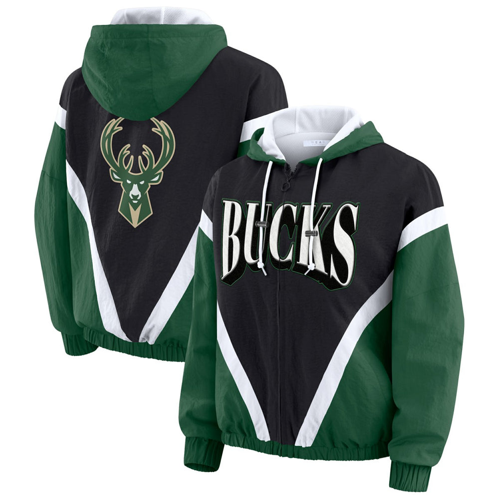 NBA - Milwaukee Bucks WEAR by Erin Andrews Women's Colorblock Full-Zip Hoodie Windbreaker Jacket - Black/Hunter Green