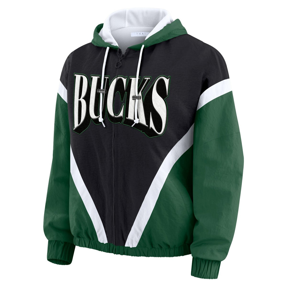 NBA - Milwaukee Bucks WEAR by Erin Andrews Women's Colorblock Full-Zip Hoodie Windbreaker Jacket - Black/Hunter Green
