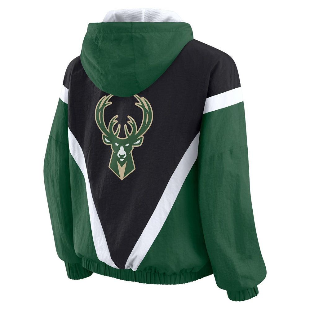 NBA - Milwaukee Bucks WEAR by Erin Andrews Women's Colorblock Full-Zip Hoodie Windbreaker Jacket - Black/Hunter Green