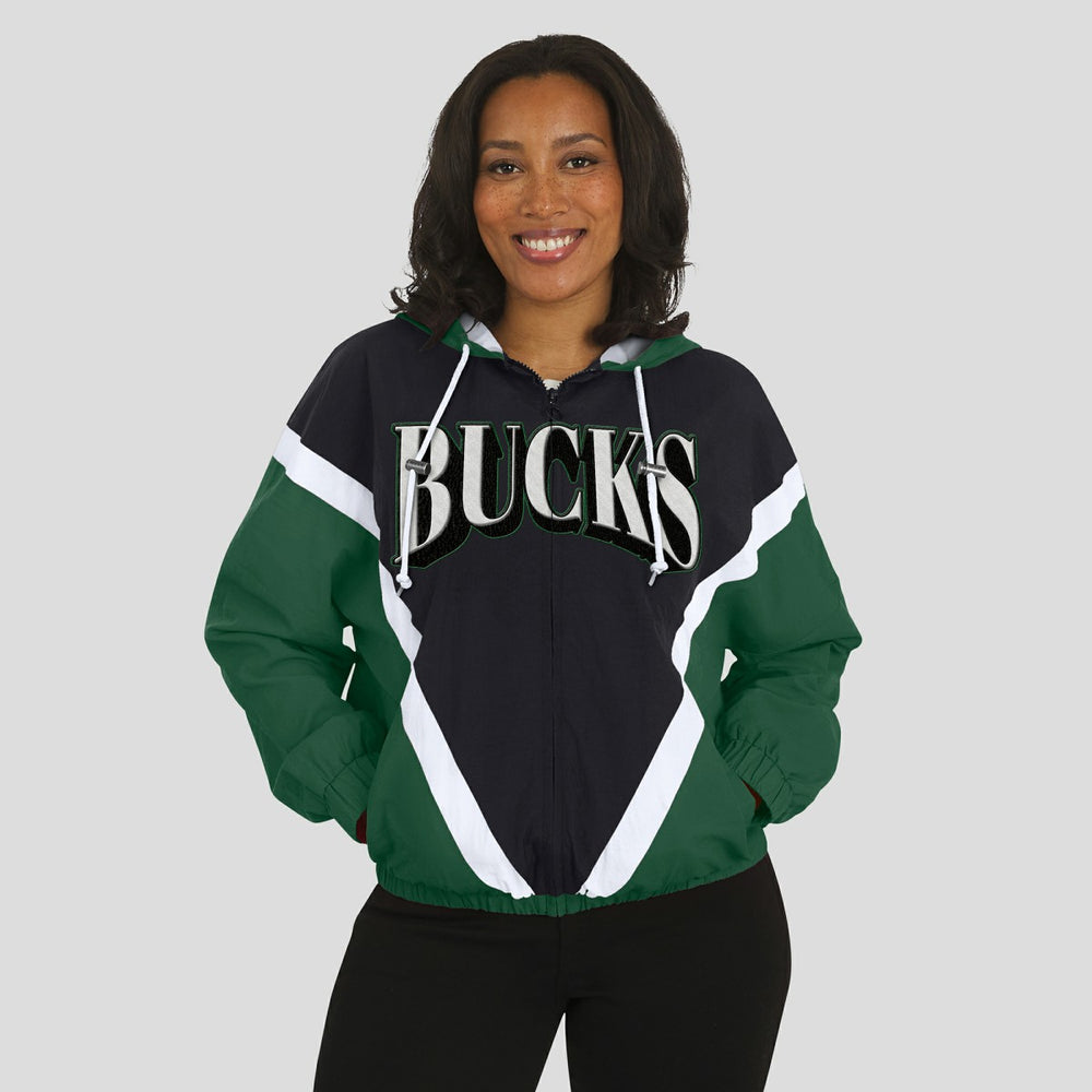 NBA - Milwaukee Bucks WEAR by Erin Andrews Women's Colorblock Full-Zip Hoodie Windbreaker Jacket - Black/Hunter Green