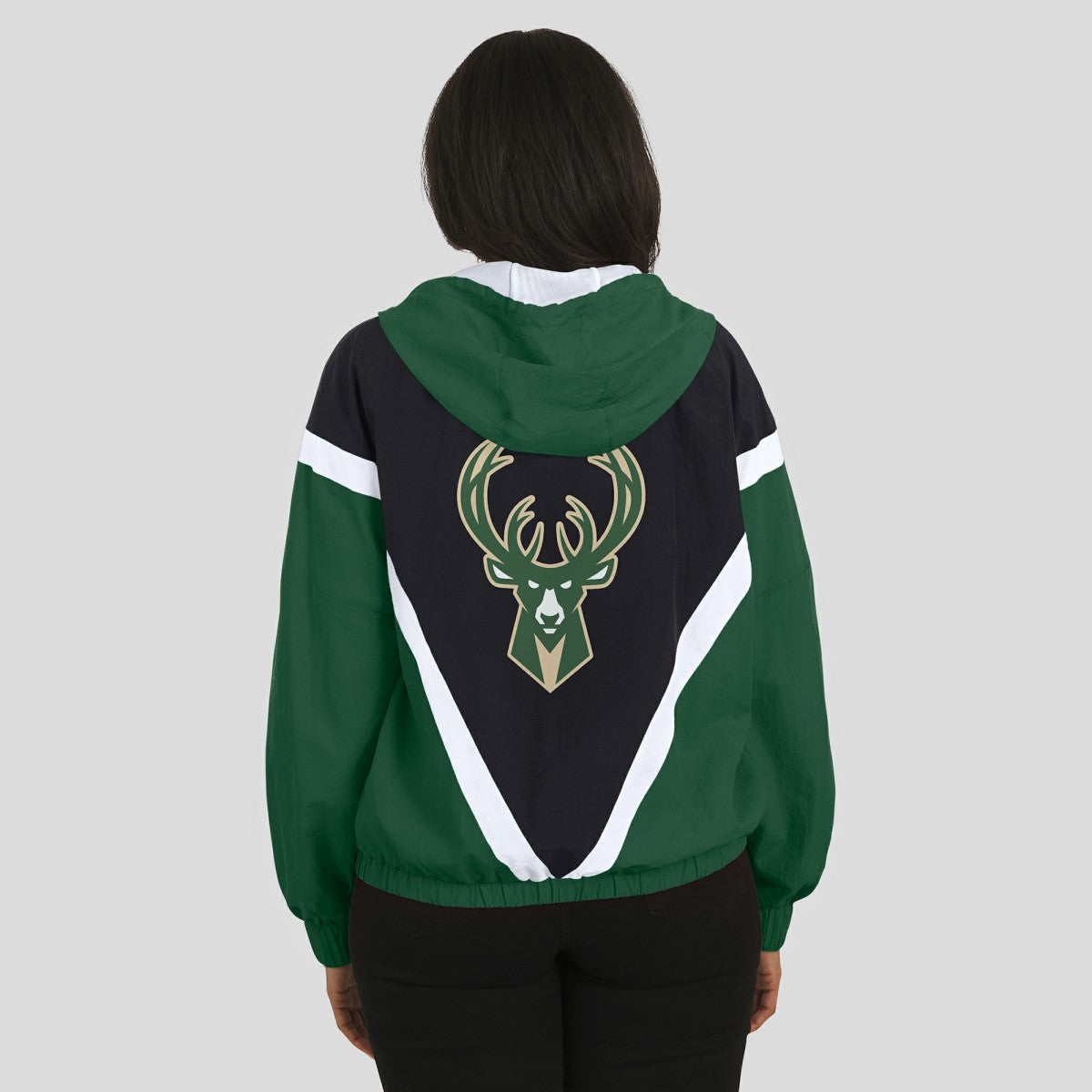 NBA - Milwaukee Bucks WEAR by Erin Andrews Women's Colorblock Full-Zip Hoodie Windbreaker Jacket - Black/Hunter Green