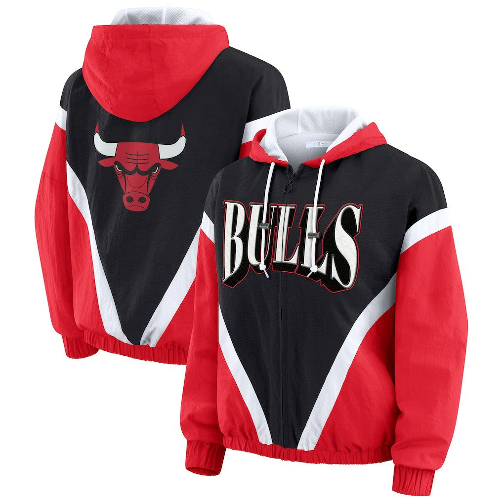 NBA - Chicago Bulls WEAR by Erin Andrews Women's Colorblock Full-Zip Hoodie Windbreaker Jacket - Black/Red