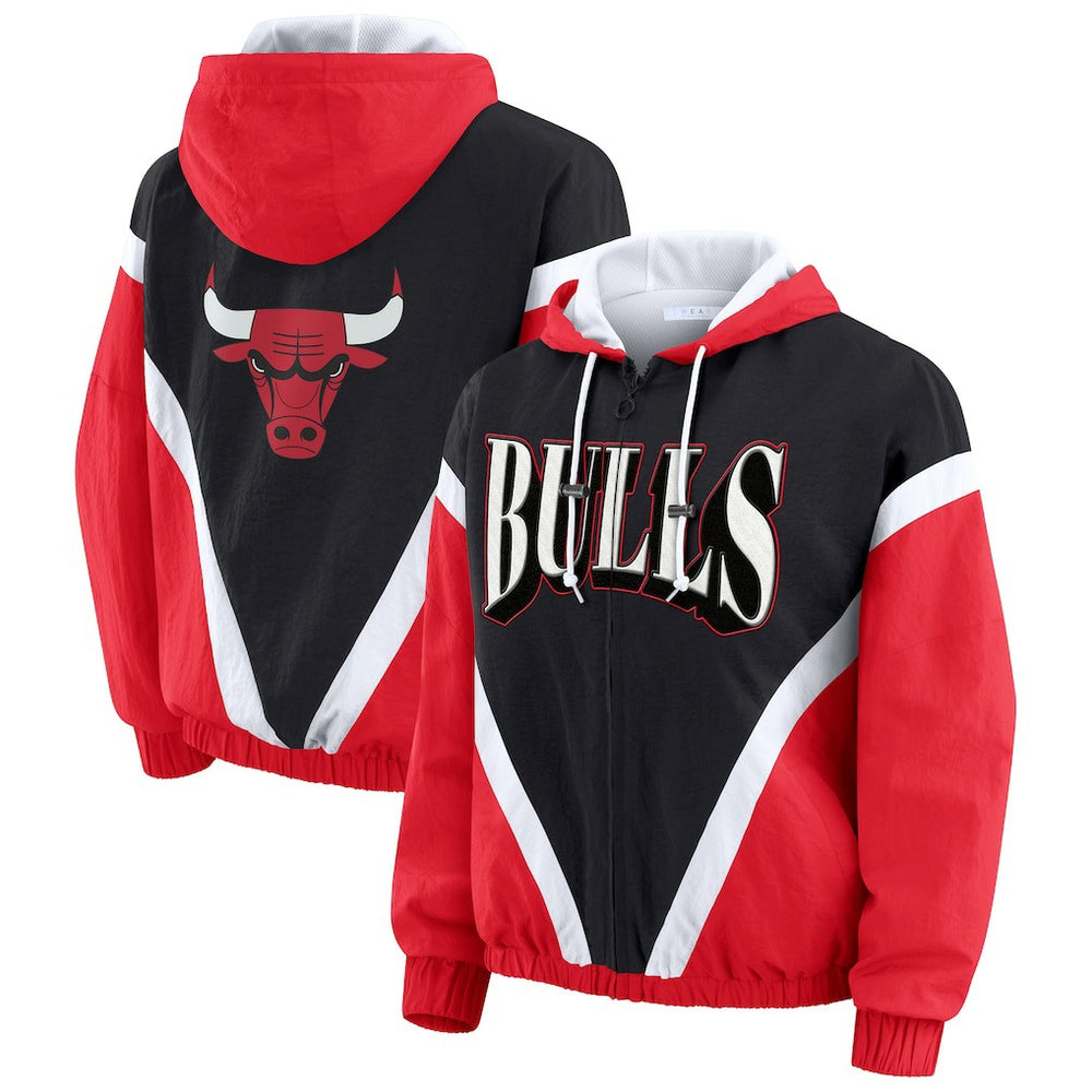 NBA - Chicago Bulls WEAR by Erin Andrews Women's Colorblock Full-Zip Hoodie Windbreaker Jacket - Black/Red
