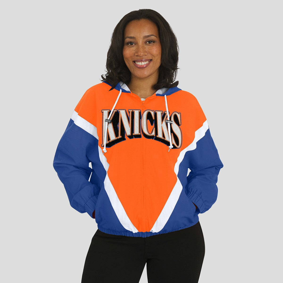 NBA - New York Knicks WEAR by Erin Andrews Women's Colorblock Full-Zip Hoodie Windbreaker Jacket - Orange/Royal
