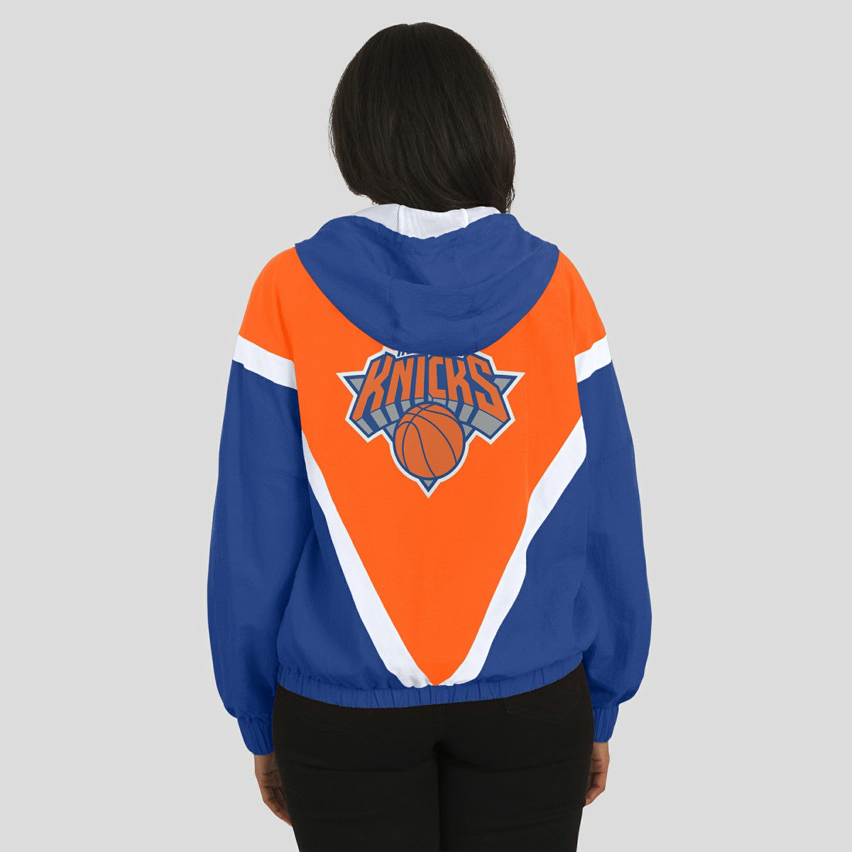 NBA - New York Knicks WEAR by Erin Andrews Women's Colorblock Full-Zip Hoodie Windbreaker Jacket - Orange/Royal