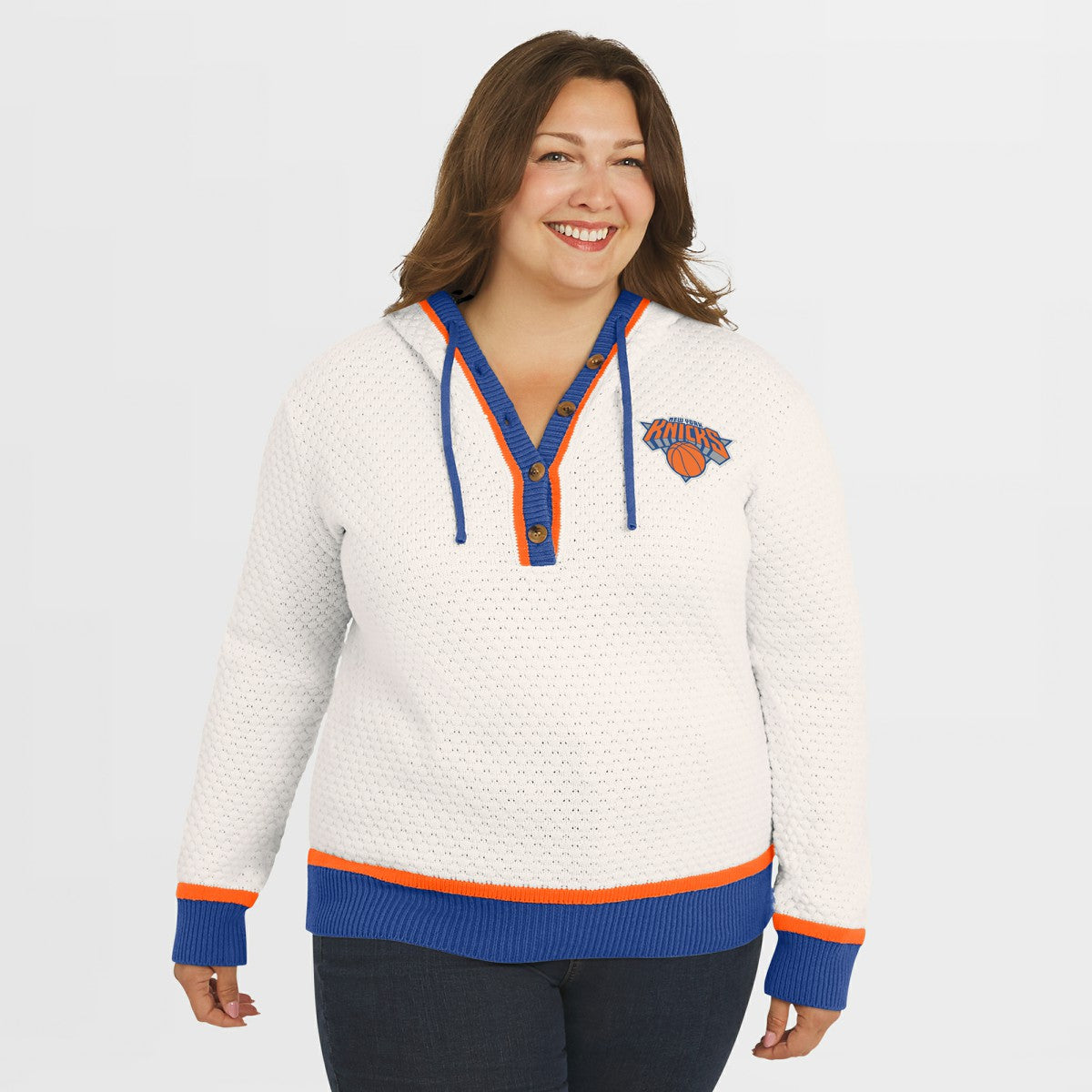 NBA - New York Knicks WEAR by Erin Andrews Women's Plus Size Hoodie Sweater - Cream