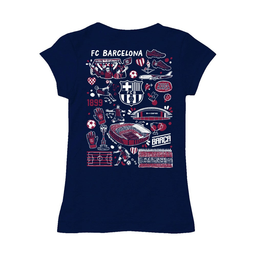 Barcelona Vive La Fete Girls Youth Color Badge Fitted T-Shirts - Navy