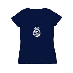 Real Madrid Vive La Fete Women's Color Badge V-Neck Fitted T-Shirts - Navy