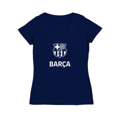 Barcelona Vive La Fete Women's Color Badge V-Neck Fitted T-Shirts - Navy