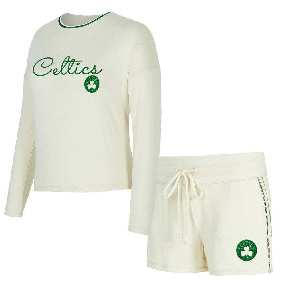 NBA - Boston Celtics Concepts Sport Women's Kaki Hacci Knit Long Sleeve Top & Shorts Set - Cream