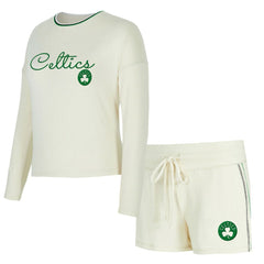 NBA - Boston Celtics Concepts Sport Women's Kaki Hacci Knit Long Sleeve Top & Shorts Set - Cream